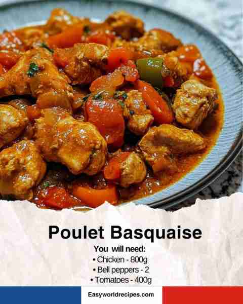 🇫🇷 Poulet Basquaise A flavorful chicken stew from the Basque region. Ingredients: • 800g chicken (cu...