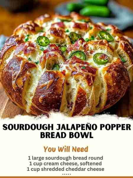 Sourdough Jalapeño Popper Bread Bowl Ingredients: 1 large sourdough bread round 1 cup cream cheese,...