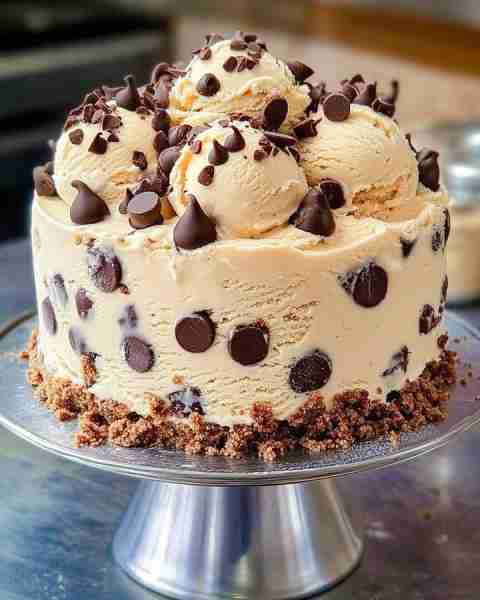 CHOCOLATE CHIP COOKIE DOUGH ICE CREAM CAKE—written cleanly without gaps or spacing: INGREDIENTS For...
