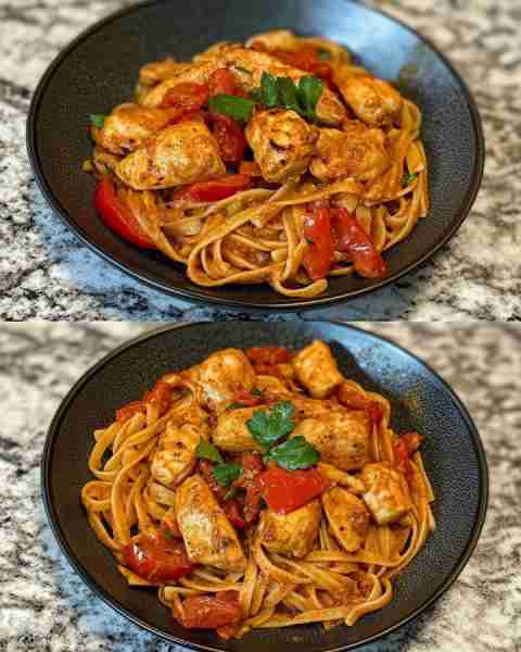 Cajun Chicken with Roasted Bell Pepper Pasta Spicy Cajun Chicken Pasta with Fire-Roasted Bell Pepper...