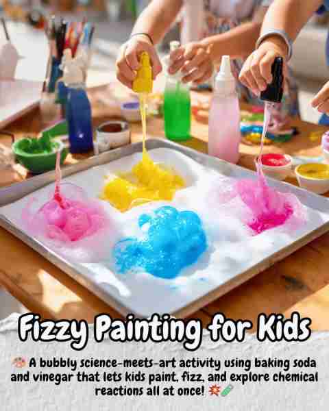 Fizzy Painting for Kids 🛒 Supplies Needed: Makes enough for 2–4 children Paint Mixture: - ½ cup ba...