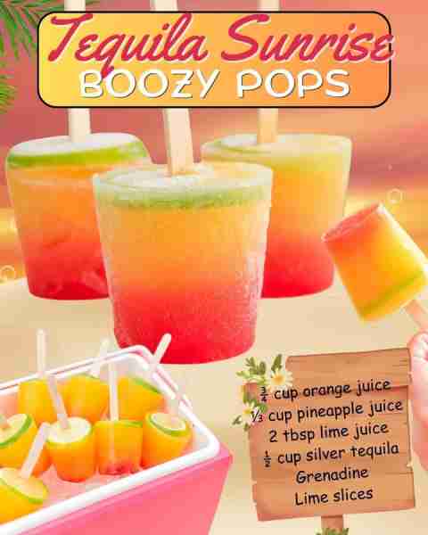 TEQUILA SUNRISE BOOZY POPSICLES!😎 ¾ cup orange juice ⅓ cup pineapple juice 2 tbsp lime juice ½ cup...