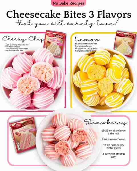 Three irresistible cheesecake bite flavors you’re sure to love!🍒🍋🍓 Ingredients 1. Cherry Chip 🍒...
