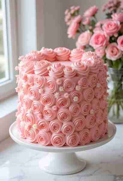 "Rosette Cake🎂🌹❤️🌸" or "Buttercream Rose Cake," featuring beautifully piped buttercream roses. He...