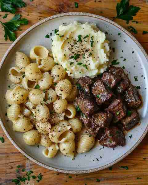 Ultimate Comfort Plate: Garlic Butter Beef Tips with Creamy Shells & Mashed Potatoes 🥩🧄🍝 Prep Tim...