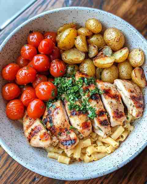 Insanely Tasty Grilled Chicken & Veggie Bowl with Creamy Pasta 🍗🔥🥔 Prep Time: 20 minutes Cook Tim...