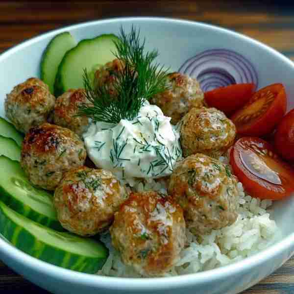 Greek Meatball Rice Bowl with Tzatziki Bliss 🥒🍅🍚 Prep Time: 20 minutes Cook Time: 25 minutes Serv...