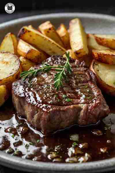 Garlic Herb Sirloin with Roasted Potatoes 🥩🧄🥔🌿 A juicy pan-seared sirloin steak glazed with savo...