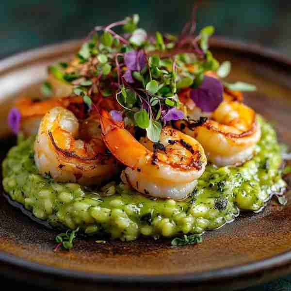 Grilled Shrimp with Green Herb Purée Risotto For the Green Herb Purée: - 1 cup packed basil leaves...