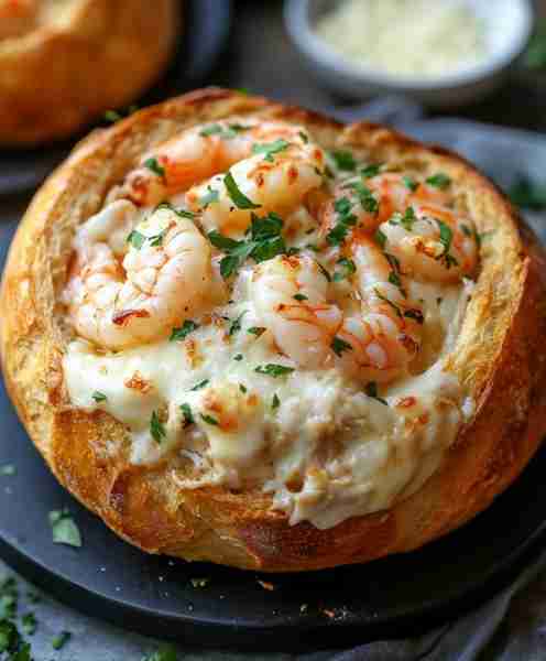 Stuffed Seafood Bread Bowl 🍤🧀🍞 Gooey cheese. Creamy sauce. Juicy seafood. Served inside a warm br...
