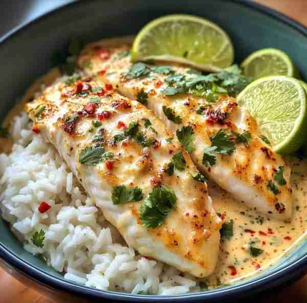 Coconut Lime Fish with Rice 🐟🍚 Ingredients 🛒 4 white fish fillets (tilapia, cod, or halibut) 1 tb...