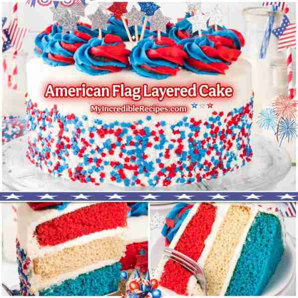 American Flag Layered Cake! 🇺🇸 RECIPE BELOW! Our Festive Cake is Red, White, & Blue layered and is P...