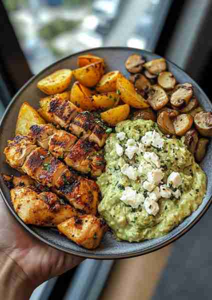 🌶️🌿🐔🥔🧀🥑🍄 Spicy Greek Hot Honey Chicken Alfredo & Garlic Parmesan Potatoes with Avocado Mushroo...