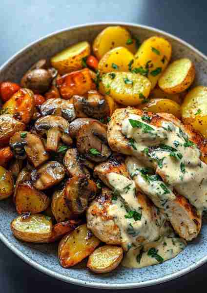 🥥🌿🐔🥔🧀🍄 Coconut Basil Garlic Chicken Stir-Fry Bowl with Parmesan Crispy Potatoes & Creamy Mushr...