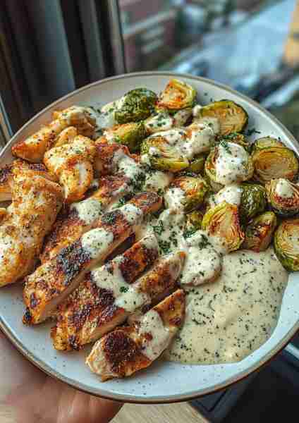 🍯🌿🐔🧀🌶️🍄🌟 Greek Garlic Chicken Alfredo with Hot Honey Crispy Brussels Sprouts & Truffle Mushroo...