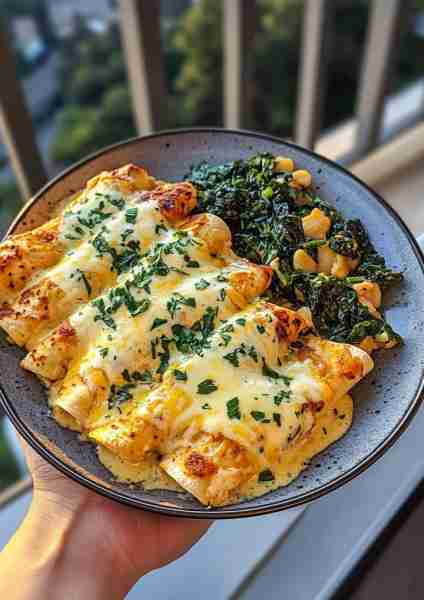 🧀🌰🍄🌿🐔 Cheesy Chicken Enchiladas with Sautéed Greens & Creamy Chestnut-Mushroom Basil Alfredo Th...