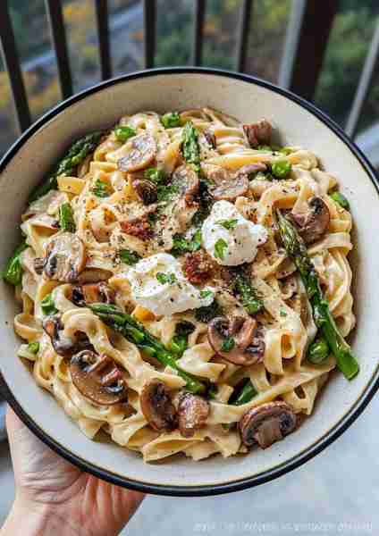 🍝🌿🍄🧀🌟 One-Pot Pasta with Mushrooms & Asparagus with Luxurious Truffle Alfredo & Whipped Feta Th...