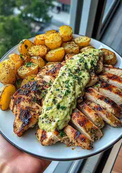 🥑🌶️🌿 Greek Garlic Chicken & Crispy Parmesan Potatoes with Avocado Hot Honey Tahini Pesto This dyna...