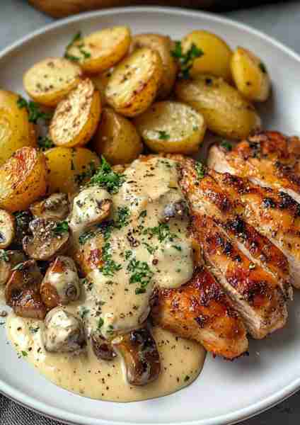 🍇🍯🌶️🌿🐔🥔🧀🍄 Greek Hot Honey Garlic Chicken Alfredo with Roasted Potatoes & Fig-Balsamic Mushroo...