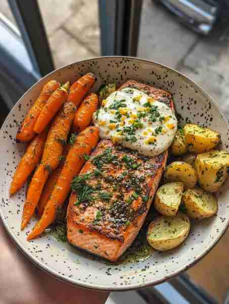 🍋 Lemon Dill Salmon with Cheesy Carrots and Herb Potatoes This vibrant bowl features perfectly sear...