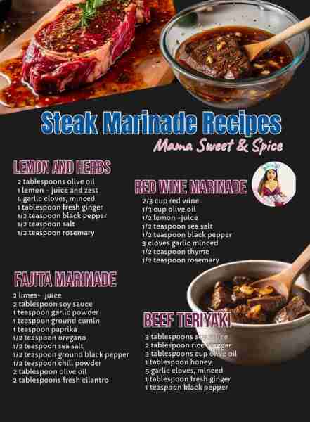 Elevate your meal with these homemade marinade! STEAK MARINADE RECIPES 1. Red Wine Marinade 2/3 cup...