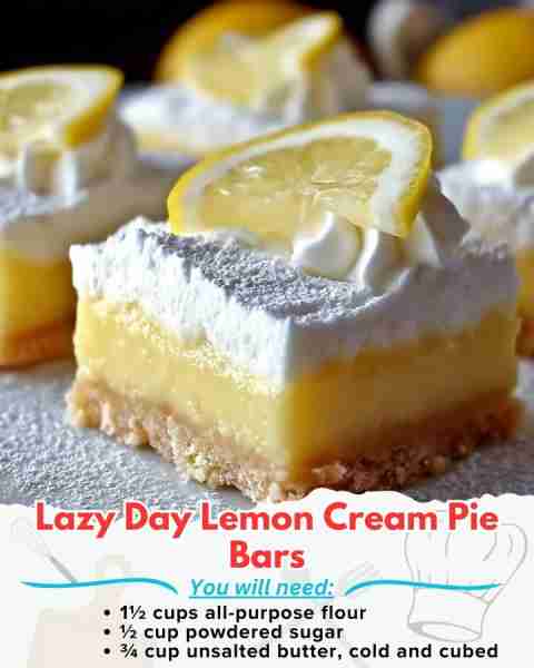 Lazy Day Lemon Cream Pie Bars Ingredients: For the Crust: 1½ cups all-purpose flour ½ cup powdered s...