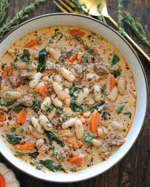 Sausage White Bean Soup with Spinach and Carrots (or Sweet Potatoes or Yams) in 30 minutes, made in...