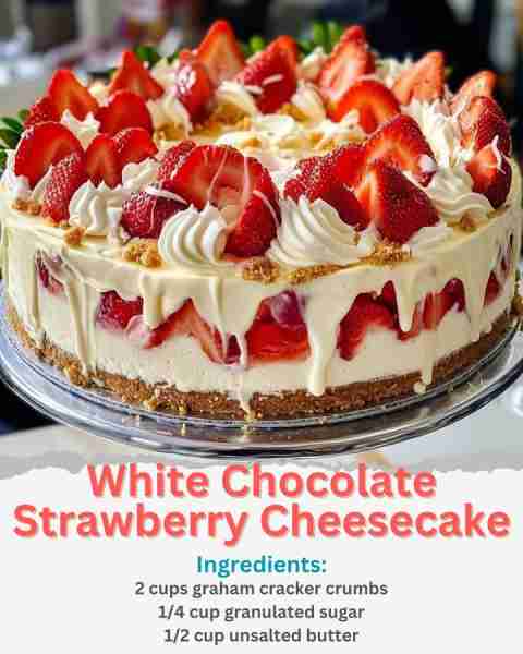 White Chocolate Strawberry Cheesecake Ingredients: 2 cups graham cracker crumbs 1/4 cup granulated s...
