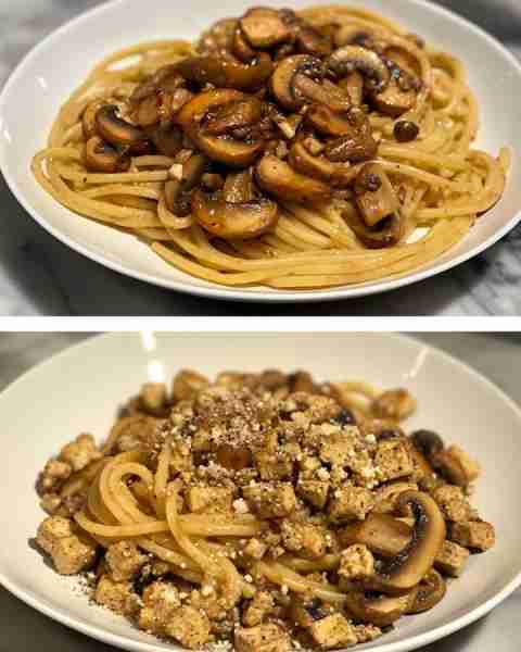 Roasted Mushroom Pasta with Tofu Crumbles Earthy Roasted Mushroom Pasta Tossed with Savory Tofu Crum...