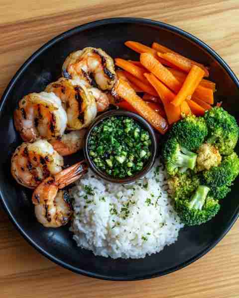 Mouthwatering Grilled Shrimp Bowl with Garlic Rice, Carrots & Broccoli 🦐🍚🥕 Prep Time: 20 minutes...