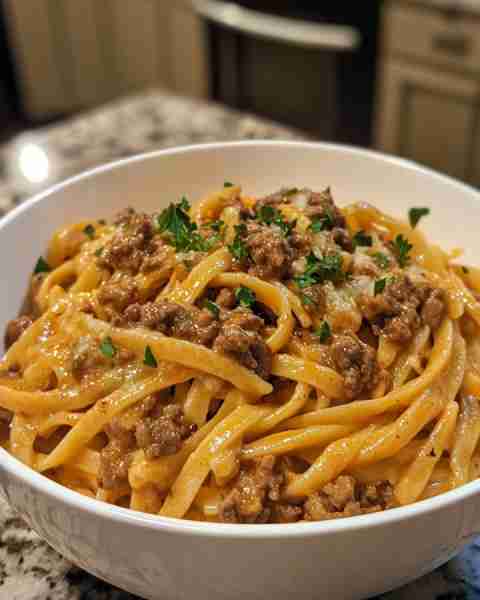Garlic Butter Beef Linguine in Creamy Parmesan Sauce Ingredients: 1 lb linguine pasta 1 lb ground be...