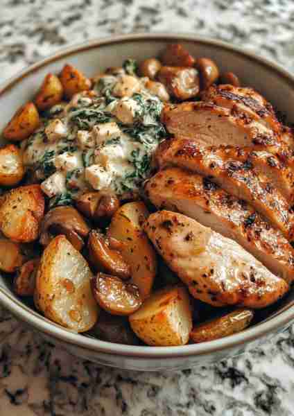 🌰🌿🐔🥔🧀🍄 Spinach-Feta Mushroom Alfredo with Chestnut Cream & Garlic Chicken Bowl Yields: 2-3 ser...