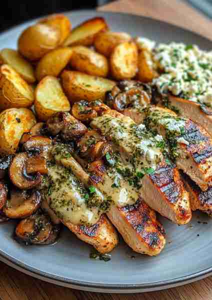 🍇🌿🐔🥔🧀🍄🌟 Greek Garlic Chicken Alfredo with Crispy Parmesan Potatoes & Fig-Balsamic Mushroom Pe...