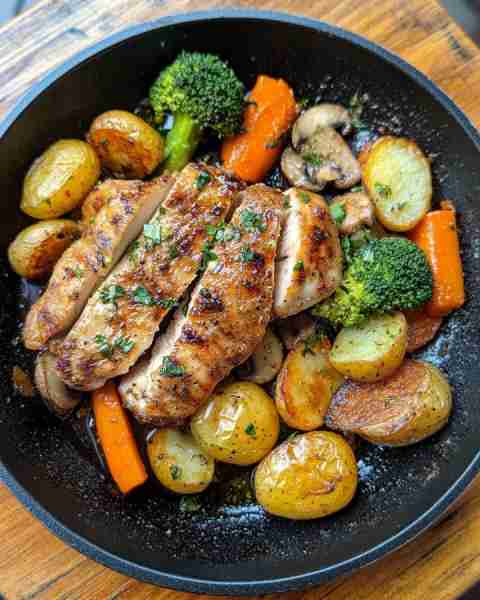 Loaded Garlic Herb Chicken Skillet with Baby Potatoes & Veggies 🍗🥔🥕 Prep Time: 20 minutes Cook Ti...