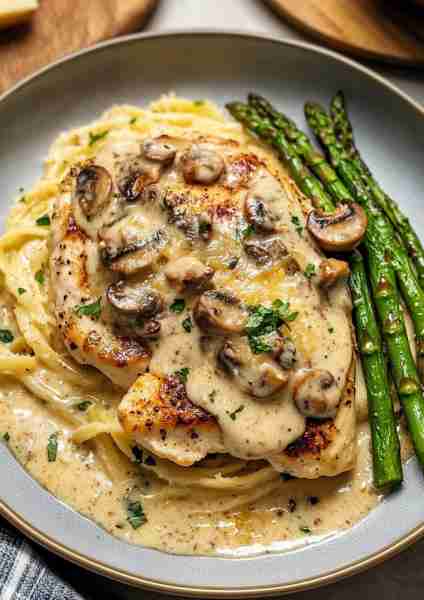 🍄🍯🌶️🐔🌿🧀 Creamy Garlic Mushroom Chicken Alfredo with Hot Honey Parmesan Roasted Asparagus Yields...