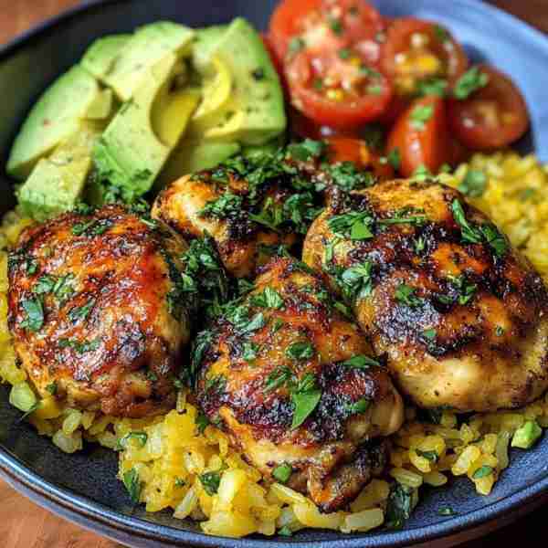 🍗🍅🥑🍚 Grilled Chicken Thighs with Avocado Tomato Salad & Saffron Rice 🍽️ Servings: 4 ⏱️ Prep Time...