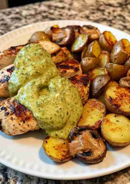 🥑🍯🌶️🐔🥔🌟 Creamy Garlic Chicken Alfredo & Hot Honey Parmesan Potatoes with Avocado-Tahini Mushroo...