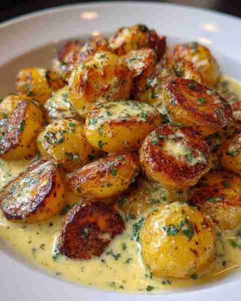 Creamy Garlic Roasted Baby Potatoes Ingredients: 1 1/2 pounds baby potatoes, halved 2 tablespoons ol...