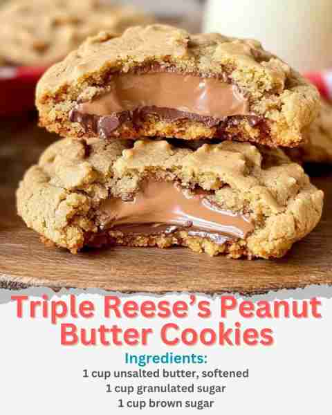 Triple Reese’s Peanut Butter Cookies Ingredients: 1 cup unsalted butter, softened 1 cup granulated s...