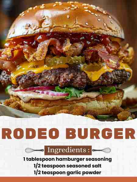 Rodeo Burger Ingredients: 1 pound ground beef 1 tablespoon hamburger seasoning ½ teaspoon seasoned s...