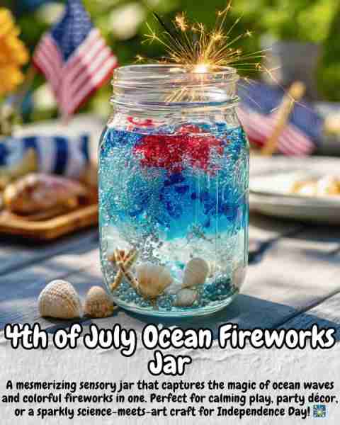 4th of July Ocean Fireworks Jar 🛒 Supplies Needed: Makes 1 jar - 1 clean clear jar or bottle with l...