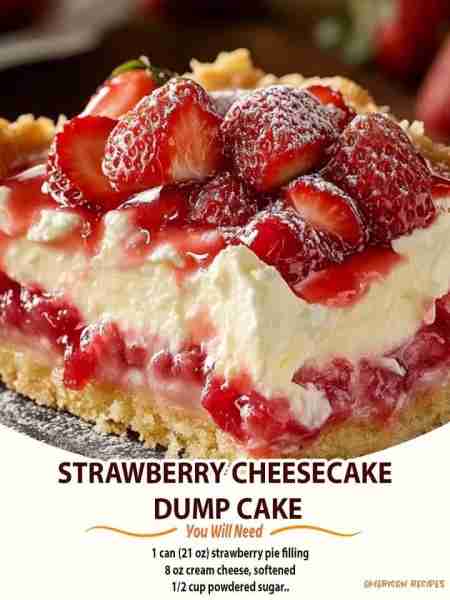 Strawberry Cheesecake Dump Cake 🍰🍓💖 Ingredients: 1 can (21 oz) strawberry pie filling 8 oz cream...