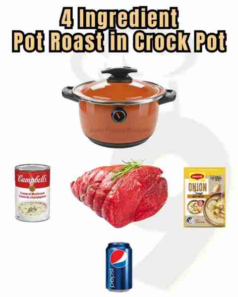 4-Ingredient Crockpot Pot Roast 🍲 You'll Need: 1 can Cream of Mushroom Soup 1 12oz Pepsi 2lbs Beef...