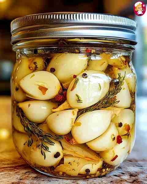 Zesty Pickled Garlic with Lemon and Thyme Ingredients: - 1 cup garlic cloves, peeled - 1 cup distill...