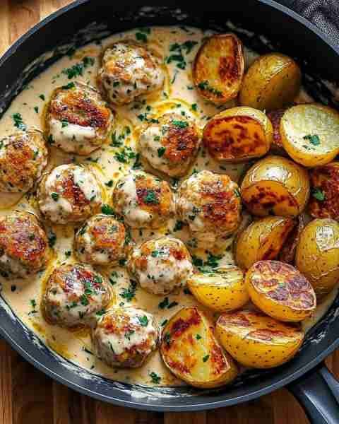 Creamy Garlic Herb Meatballs with Golden Potatoes 🍽️🧄 Prep Time: 20 minutes Cook Time: 25 minutes S...
