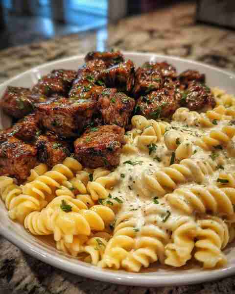 Creamy Garlic Butter Steak with Parmesan Spiral Pasta Ingredients: For the Steak: 1 lb ribeye or sir...