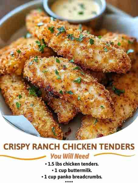 Crispy Ranch Chicken Tenders Ingredients: * 1.5 lbs chicken tenders * 1 cup buttermilk * 1 cup panko...