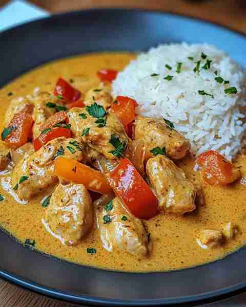 Creamy Coconut Chicken Curry with Rice 🌾🍛 Prep Time: 20 minutes Cook Time: 25 minutes Servings: 4...