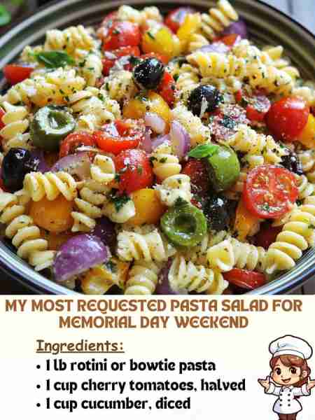 My Most Requested Pasta Salad for Memorial Day Weekend Ingredients 1 lb rotini or bowtie pasta 1 cup...