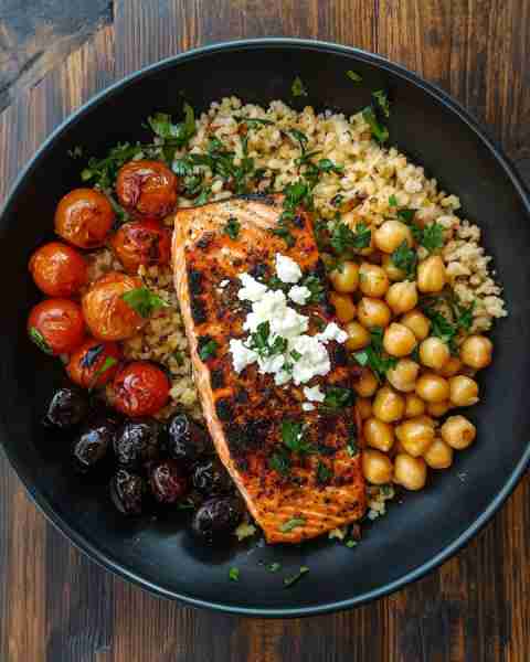 Mouthwatering Mediterranean Salmon Power Bowl 🐟🌿🍅 Prep Time: 15 minutes Cook Time: 20 minutes Ser...